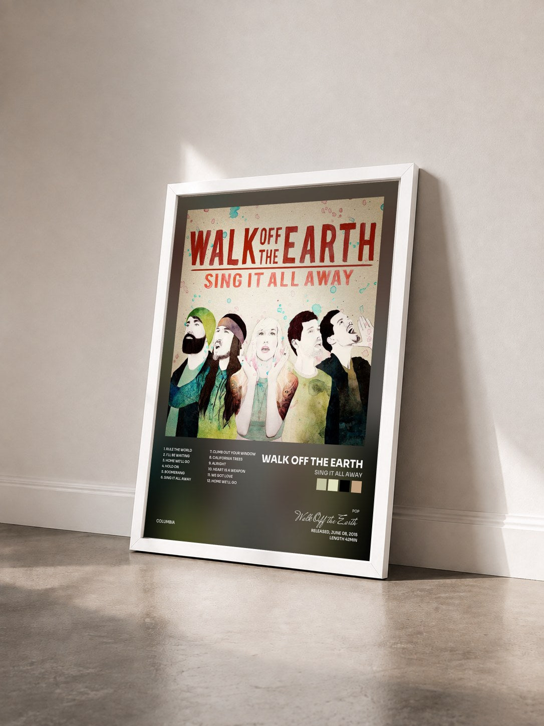 #blanc Tableau de l'album Sing It All Away de Walk Off the Earth vu de trois quarts, cadre blanc