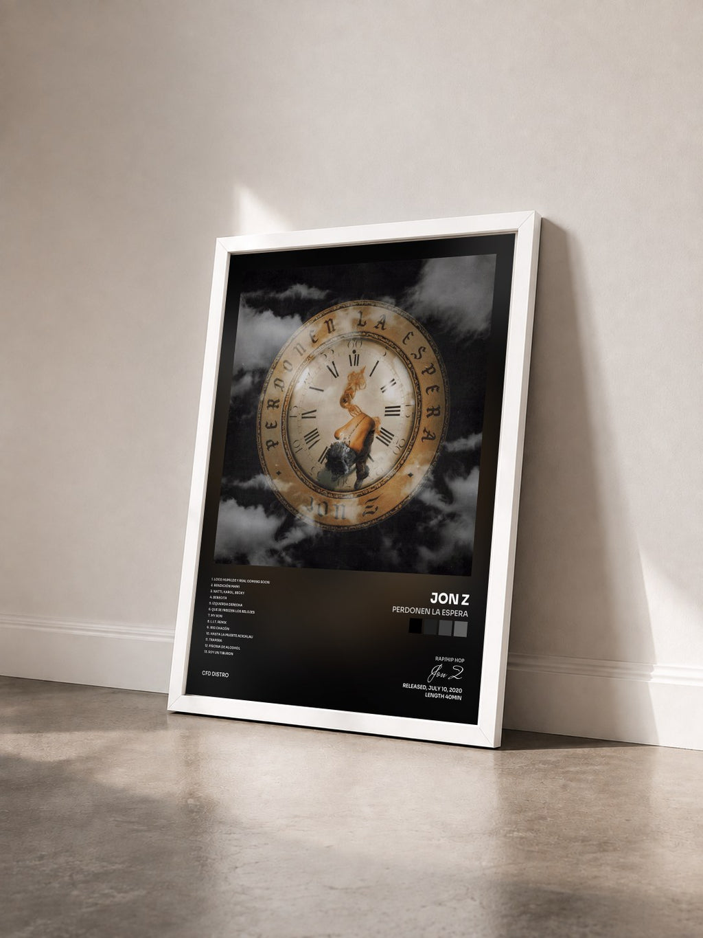 #blanc Tableau de l'album Perdonen la Espera de Jon Z vu de trois quarts, cadre blanc