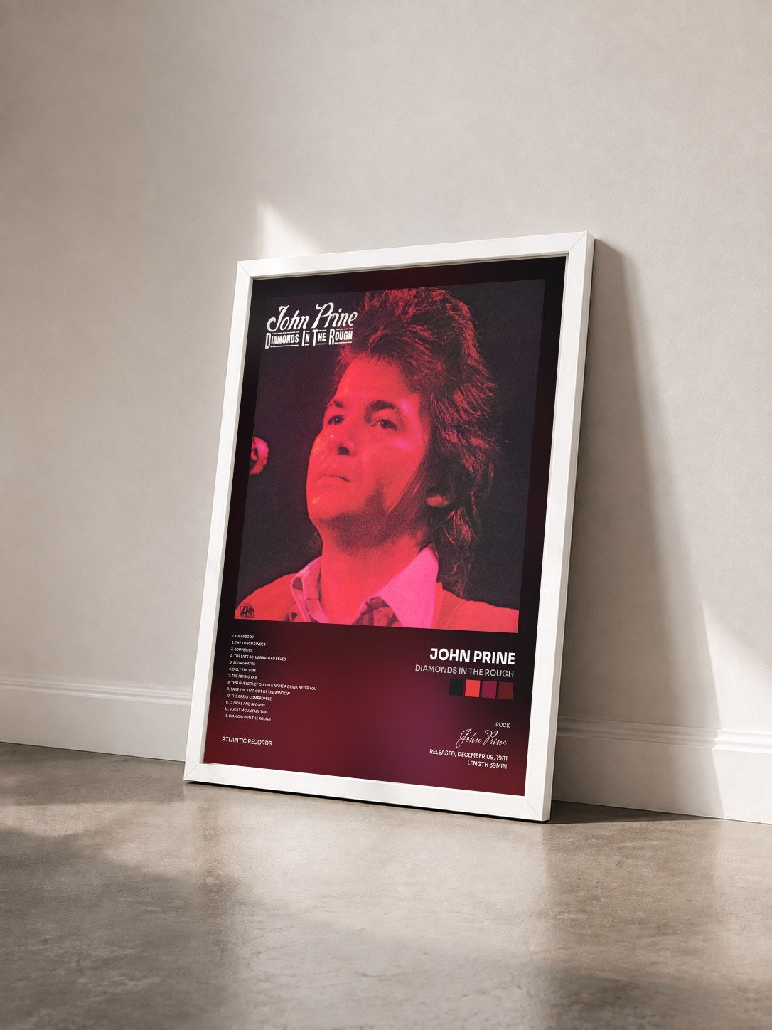 #blanc Tableau de l'album Diamonds in the Rough de John Prine vu de trois quarts, cadre blanc