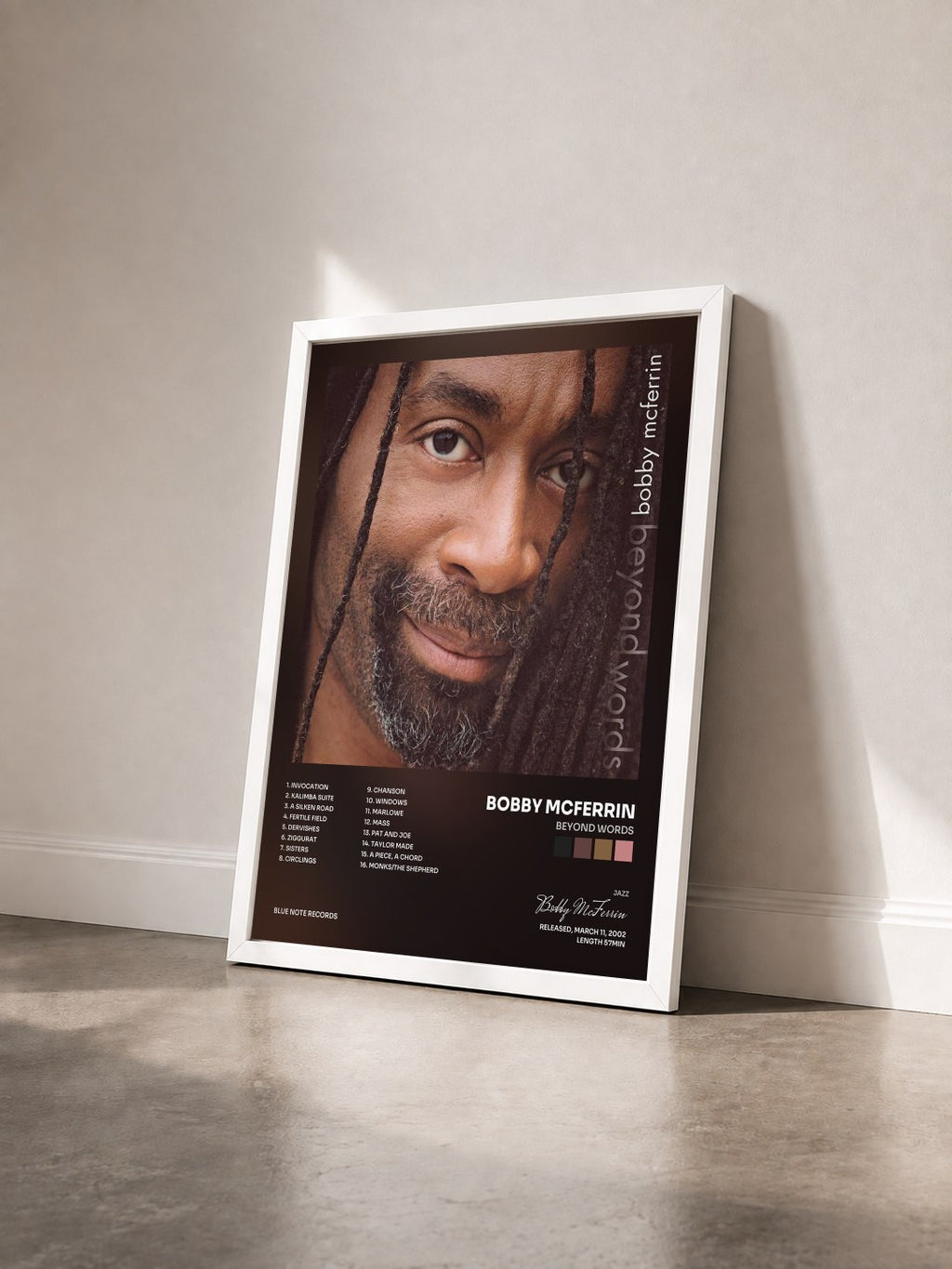 #blanc Beyond Words by Bobby McFerrin as a framed art print seen at an angle, white frame