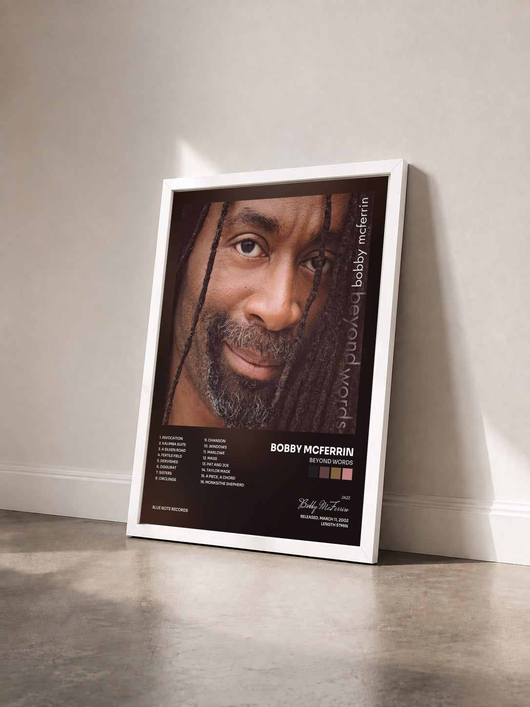 #blanc Tableau de l'album Beyond Words de Bobby McFerrin vu de trois quarts, cadre blanc