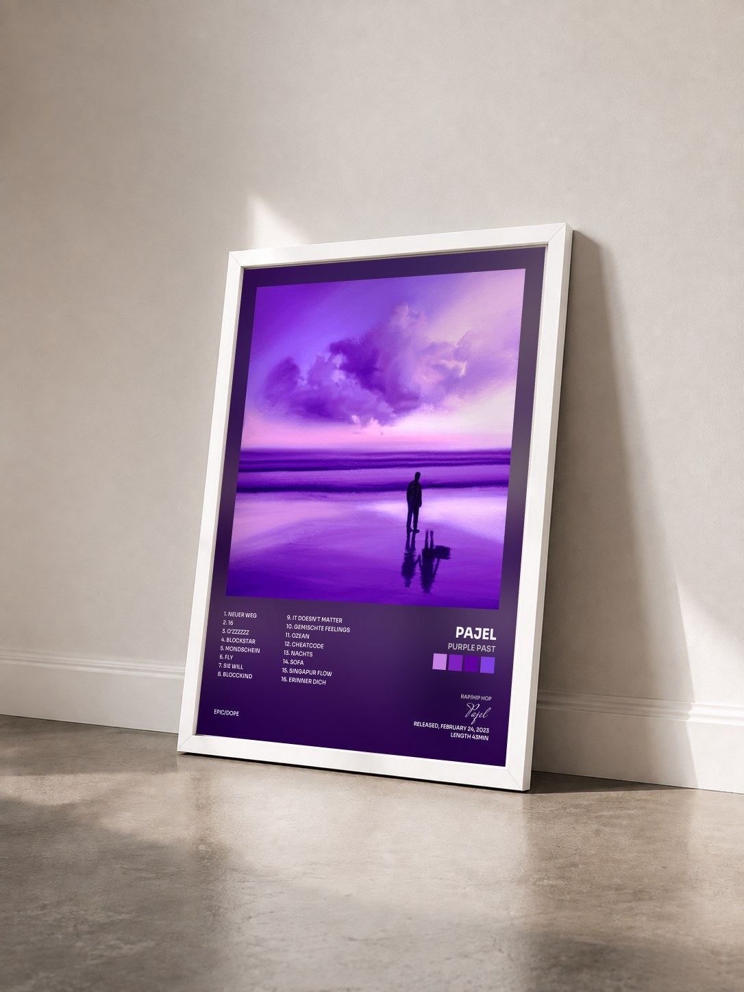 #blanc Tableau de l'album Purple Past de Pajel vu de trois quarts, cadre blanc