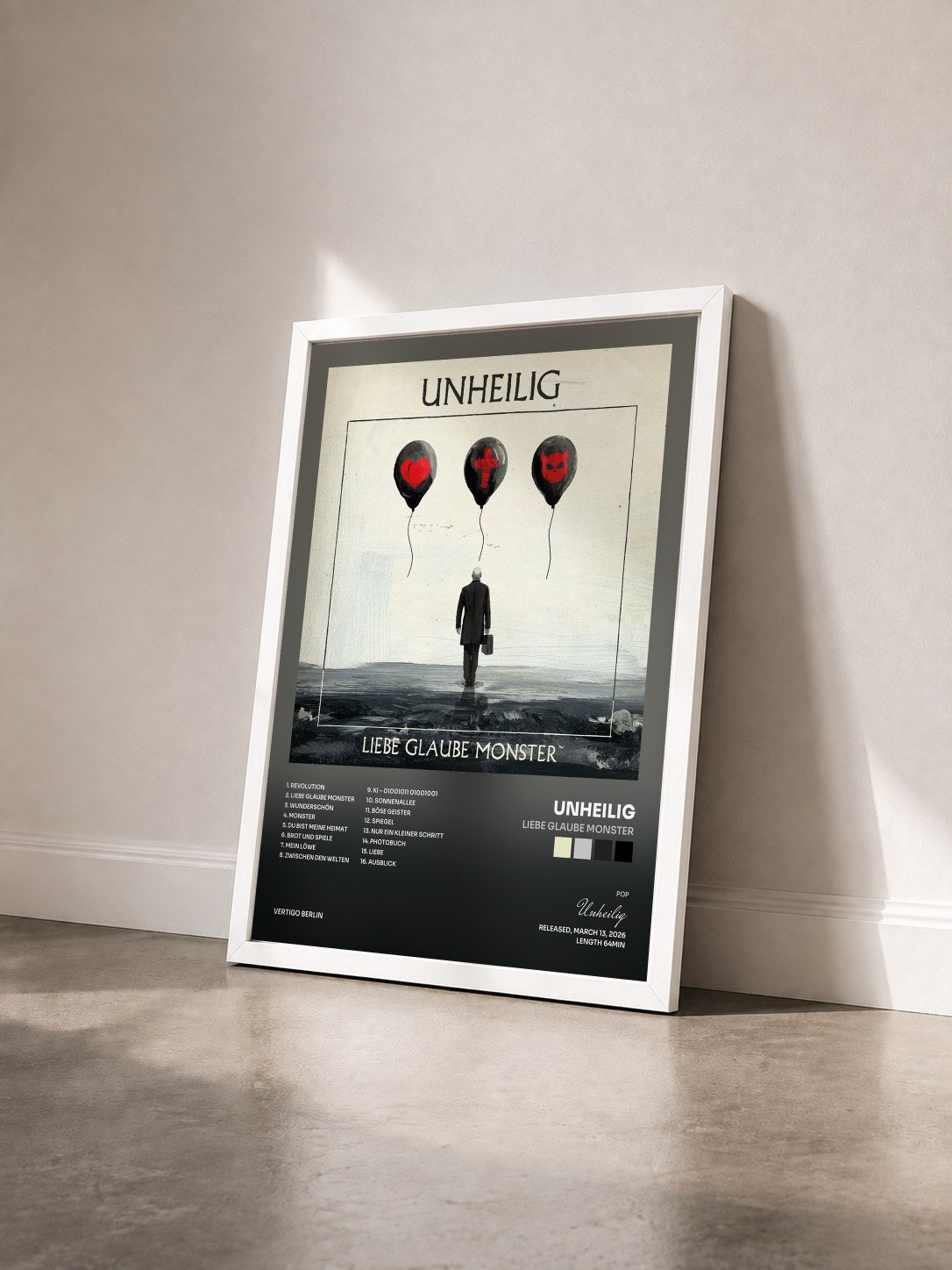 #blanc Tableau de l'album LIEBE GLAUBE MONSTER de Unheilig vu de trois quarts, cadre blanc