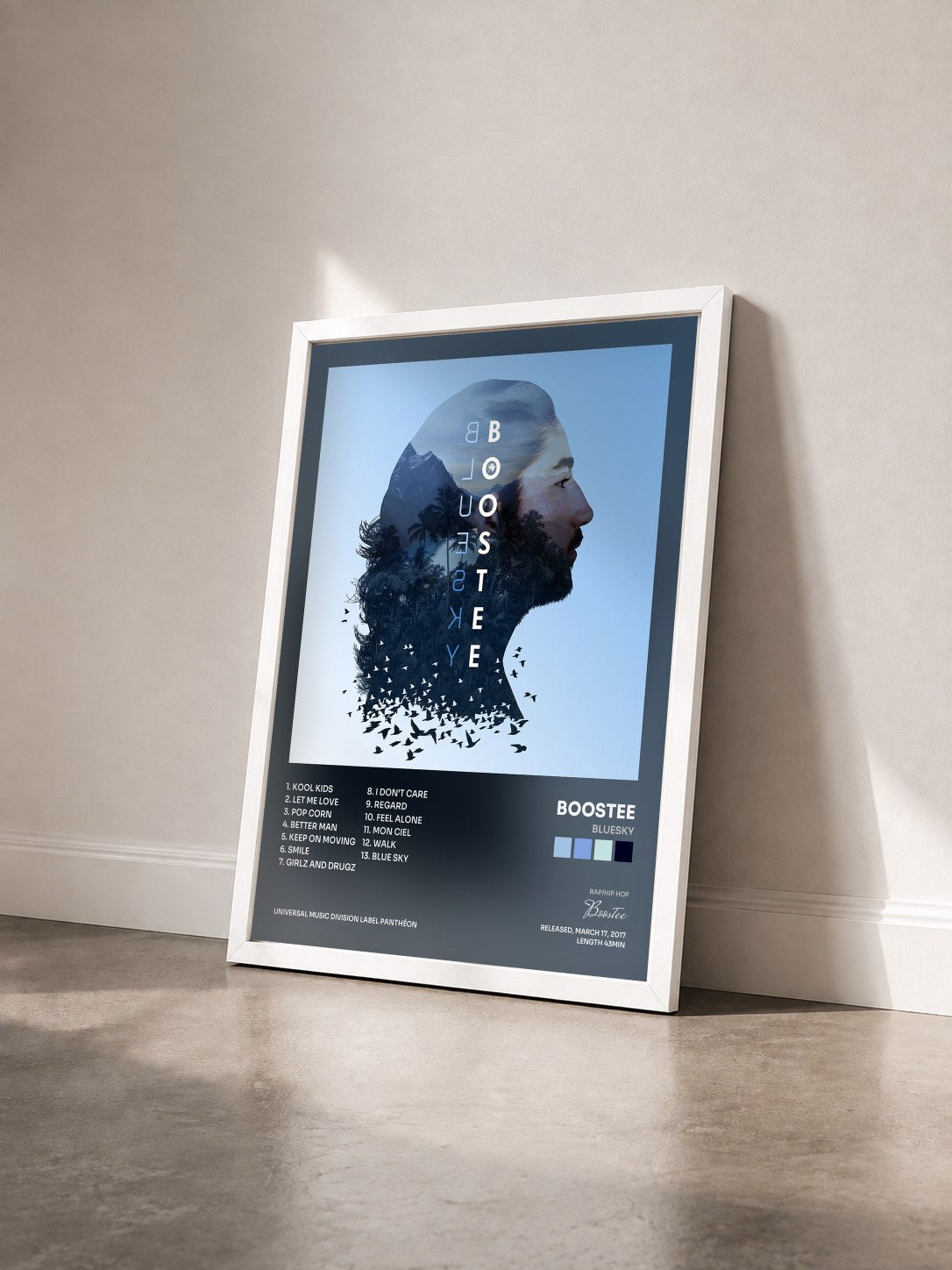 #blanc Tableau de l'album Bluesky de Boostee vu de trois quarts, cadre blanc
