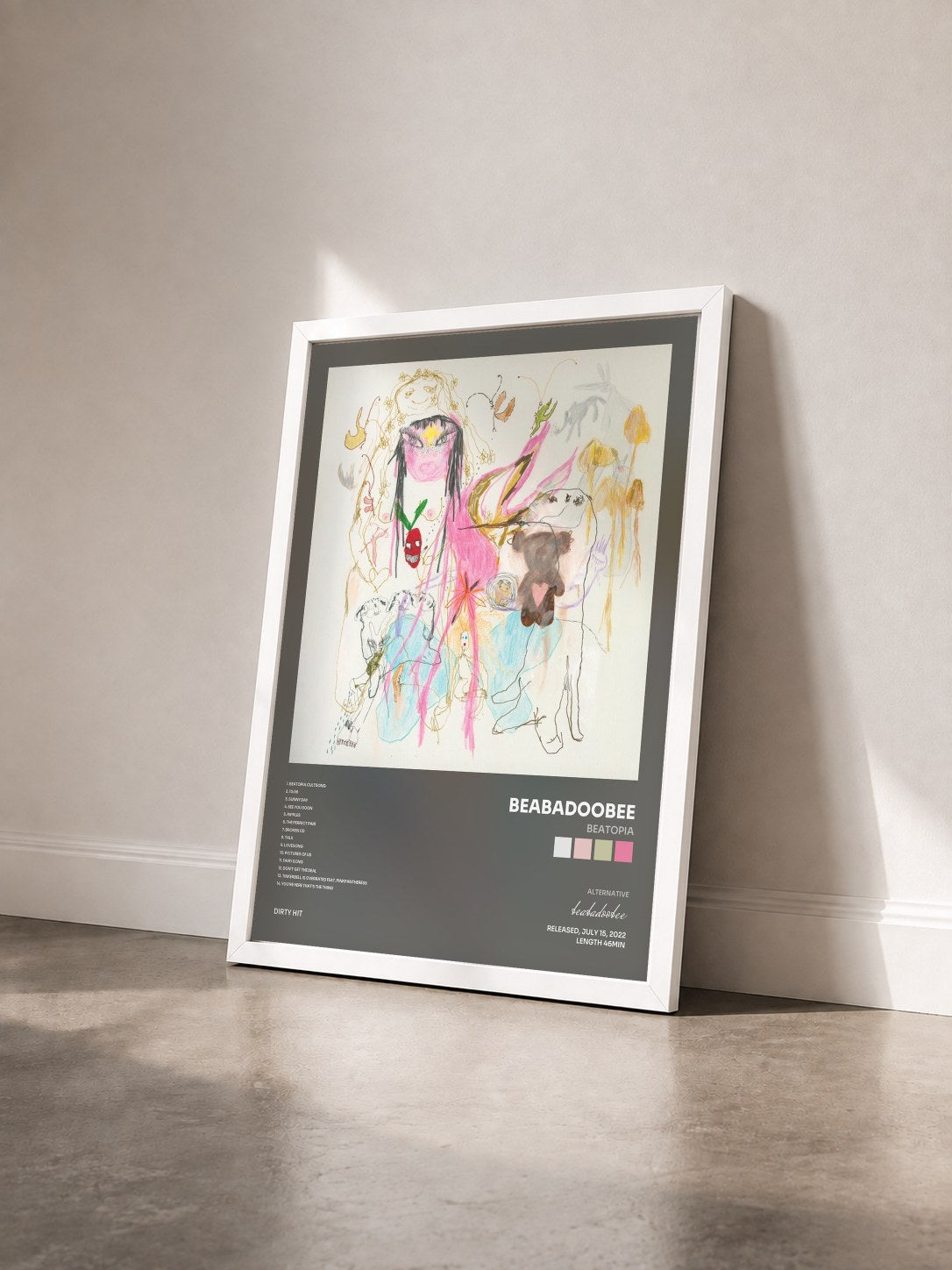 #blanc Tableau de l'album Beatopia de beabadoobee vu de trois quarts, cadre blanc