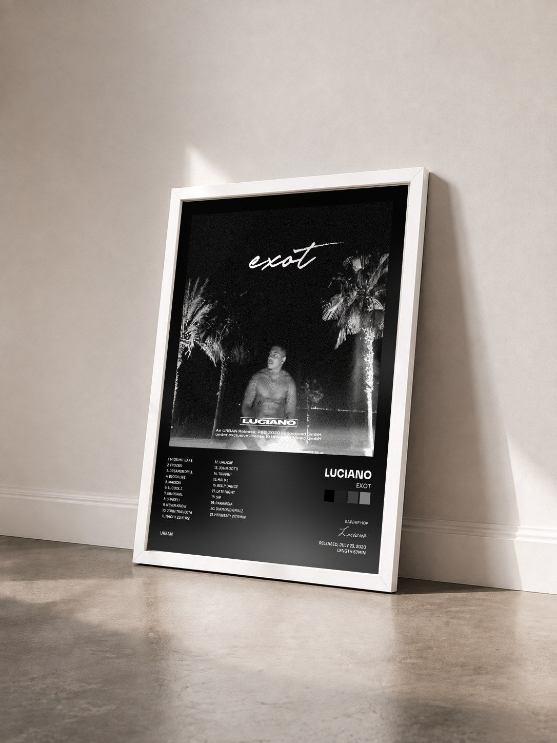 #blanc Tableau de l'album EXOT de Luciano vu de trois quarts, cadre blanc