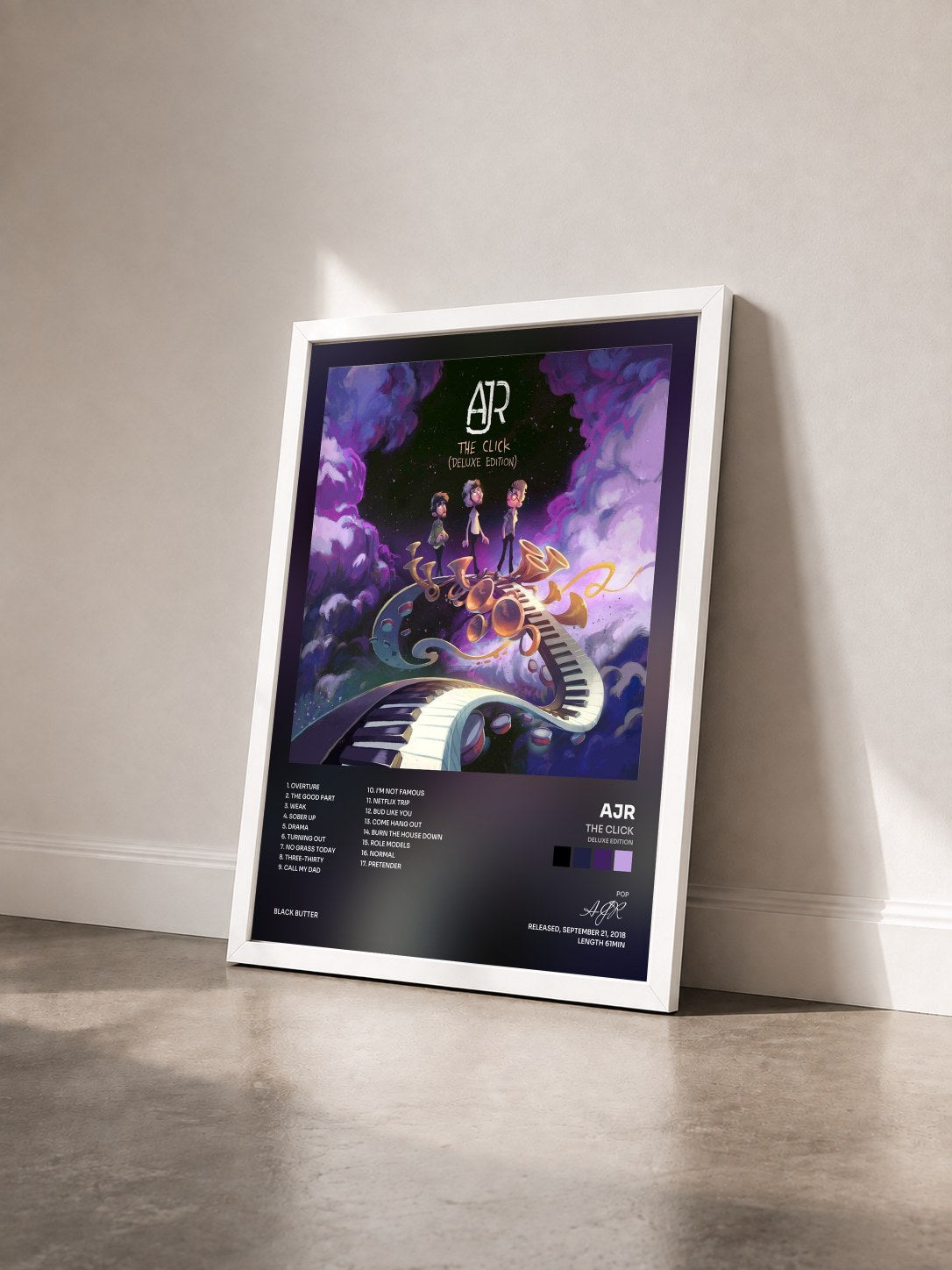 #blanc Tableau de l'album The Click (Deluxe Edition) de AJR vu de trois quarts, cadre blanc