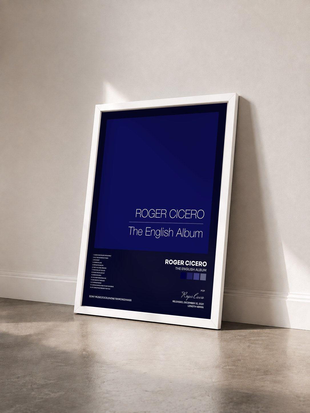 #blanc Tableau de l'album The English Album de Roger Cicero vu de trois quarts, cadre blanc