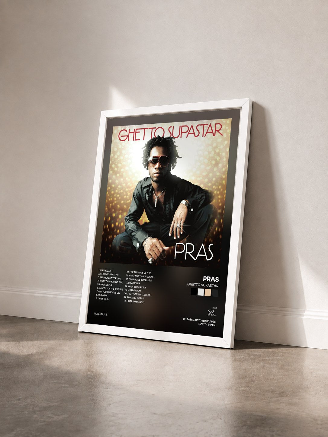 #blanc Tableau de l'album Ghetto Supastar de Pras vu de trois quarts, cadre blanc