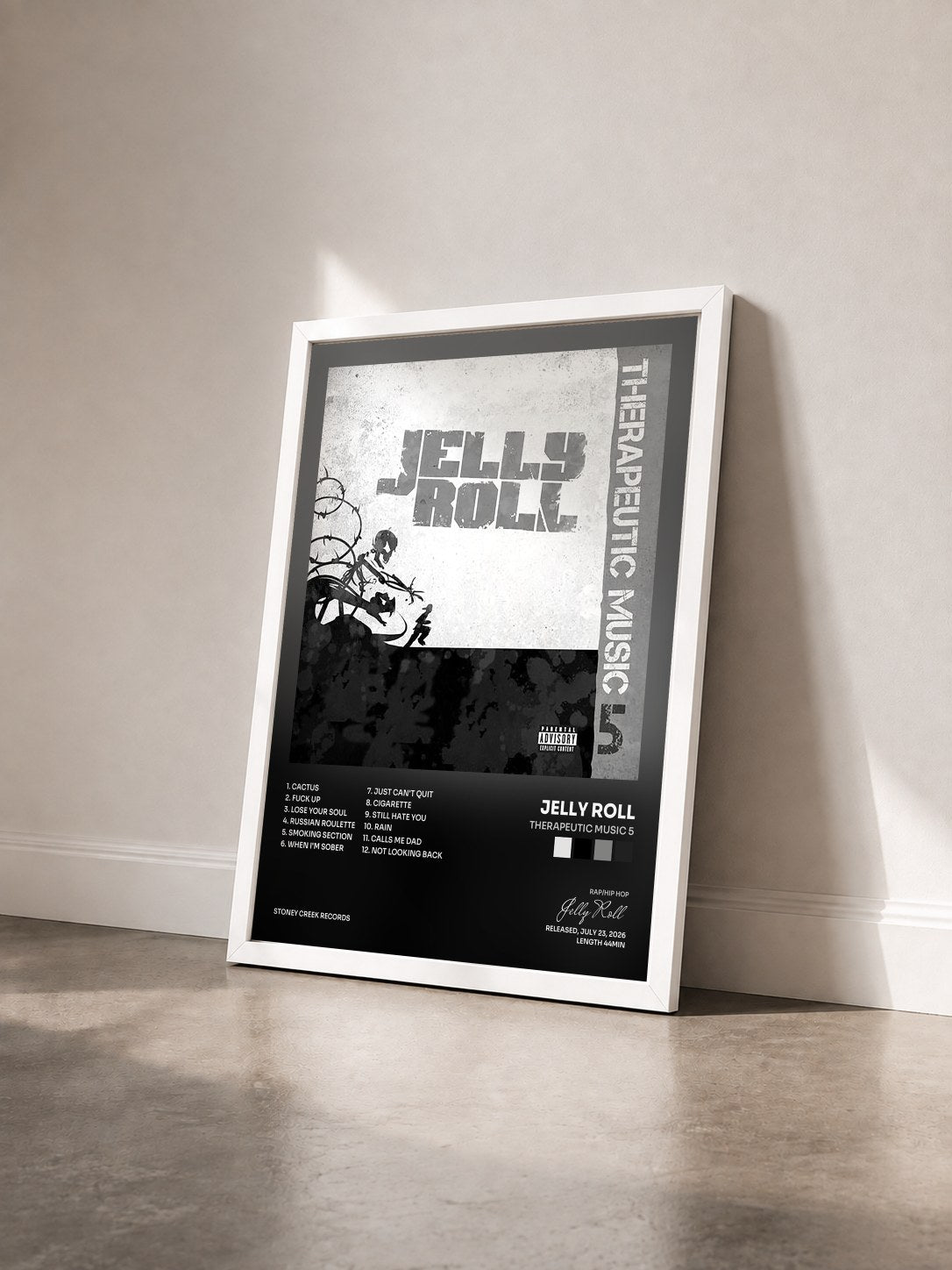 #blanc Tableau de l'album Therapeutic Music 5 de Jelly Roll vu de trois quarts, cadre blanc