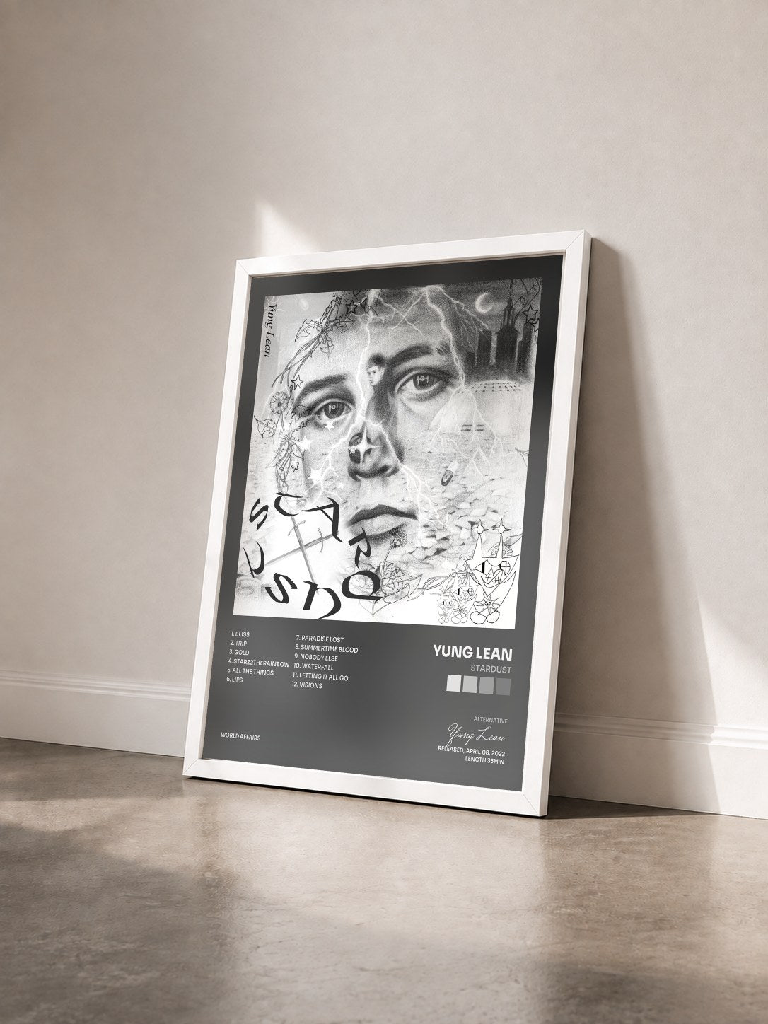 #blanc Tableau de l'album Stardust de Yung Lean vu de trois quarts, cadre blanc
