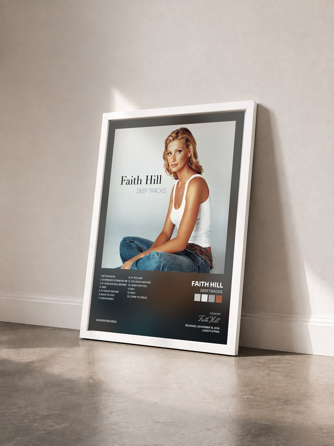 #blanc Tableau de l'album Deep Tracks de Faith Hill vu de trois quarts, cadre blanc