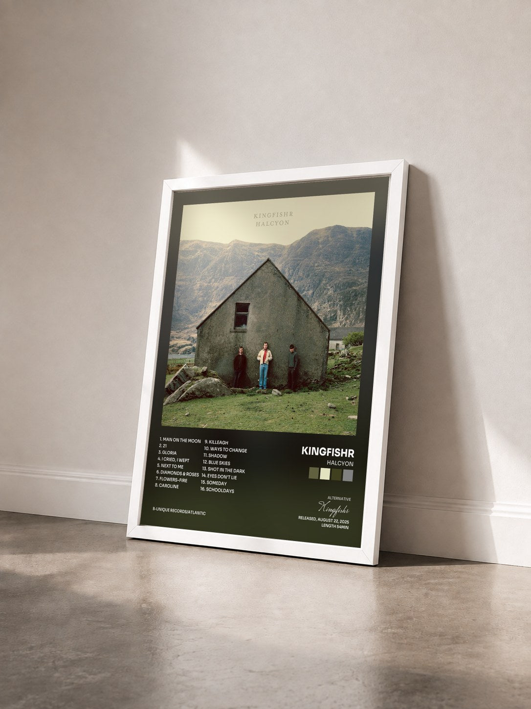 #blanc Tableau de l'album Halcyon de Kingfishr vu de trois quarts, cadre blanc