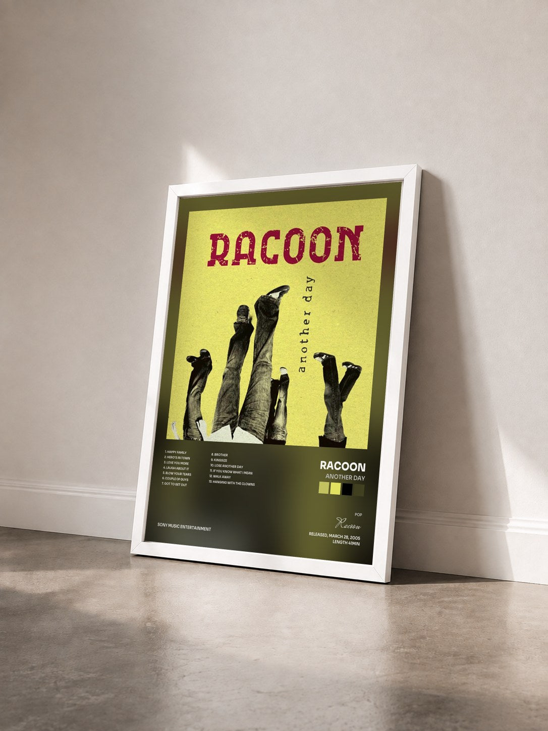 #blanc Tableau de l'album Another Day de Racoon vu de trois quarts, cadre blanc