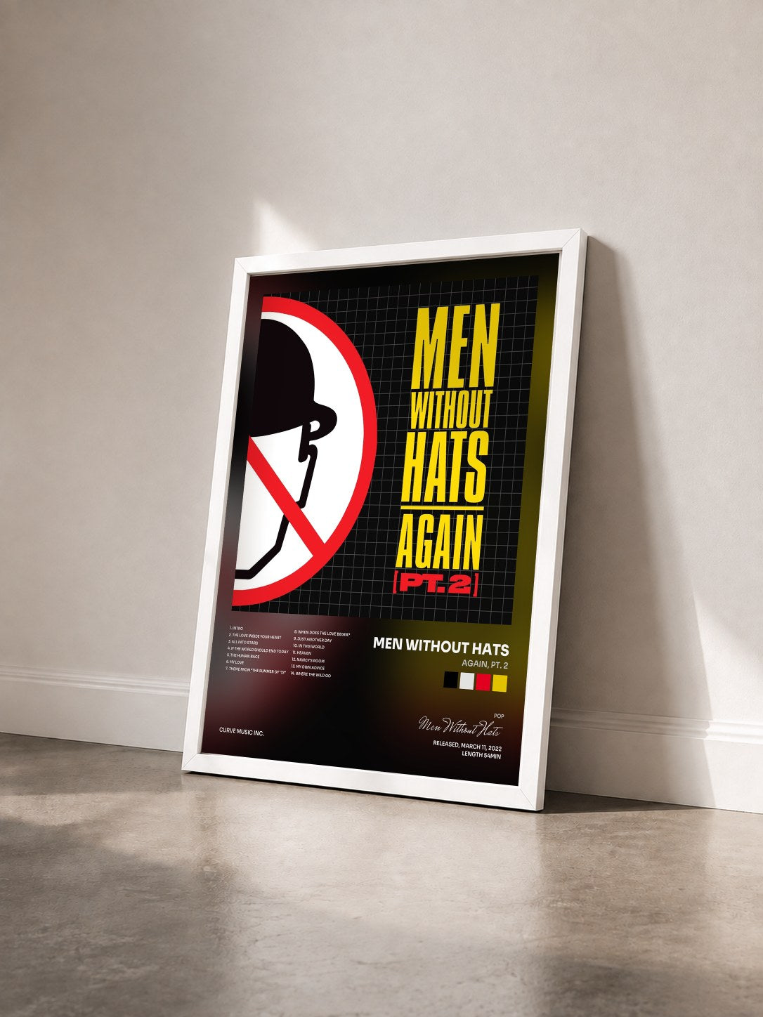#blanc Tableau de l'album Again, Pt. 2 de Men Without Hats vu de trois quarts, cadre blanc