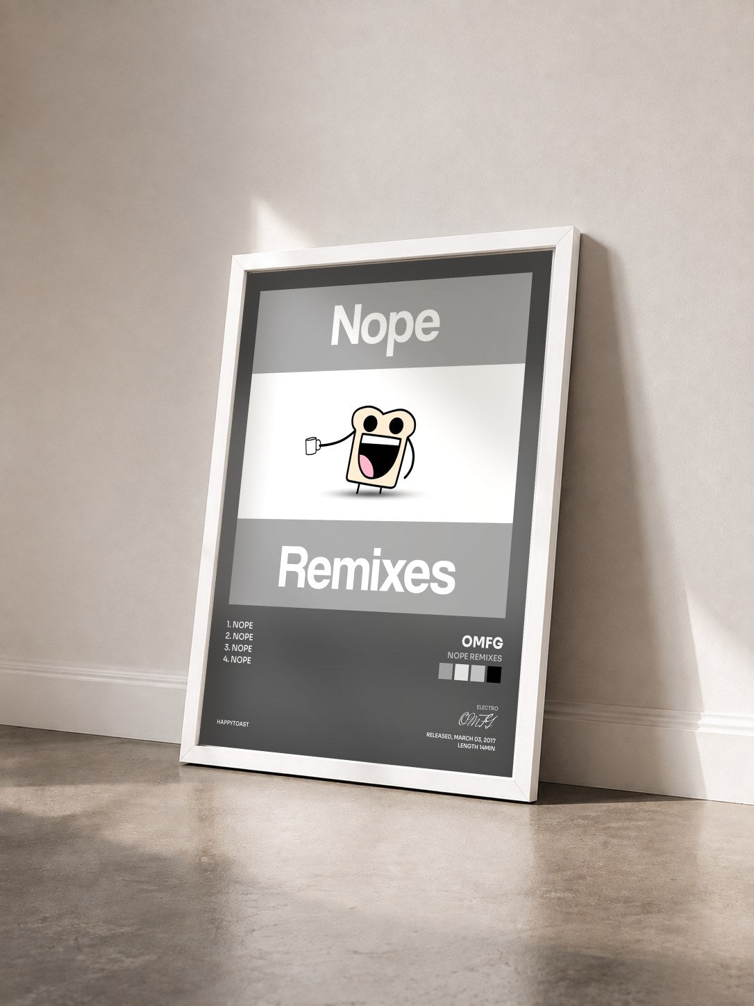 #blanc Tableau de l'album Nope Remixes de OMFG vu de trois quarts, cadre blanc