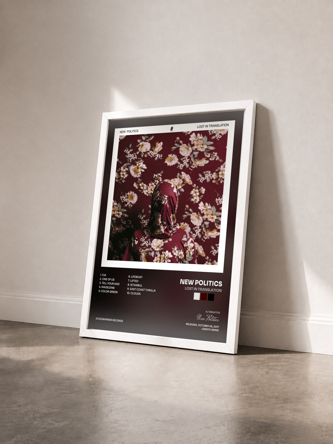 #blanc Tableau de l'album Lost in Translation de New Politics vu de trois quarts, cadre blanc