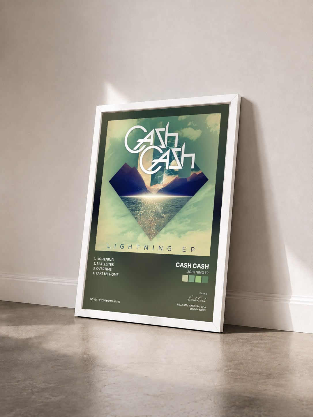 #blanc Tableau de l'album Lightning EP de Cash Cash vu de trois quarts, cadre blanc