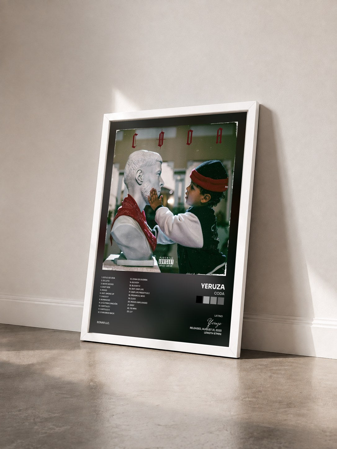 #blanc Tableau de l'album CODA de Yeruza vu de trois quarts, cadre blanc