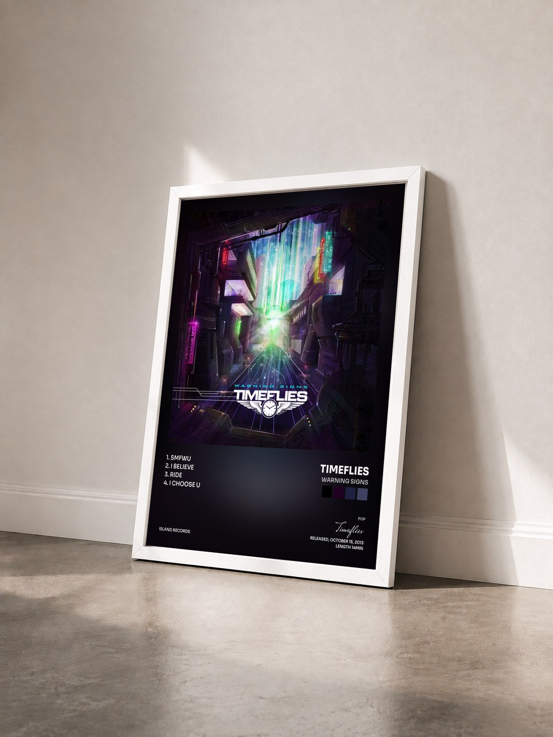 #blanc Tableau de l'album Warning Signs de Timeflies vu de trois quarts, cadre blanc