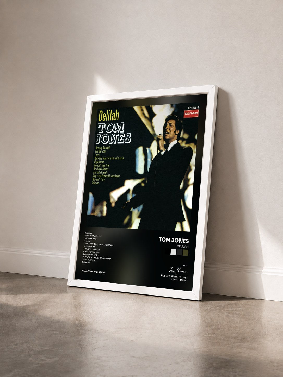 #blanc Tableau de l'album Delilah de Tom Jones vu de trois quarts, cadre blanc