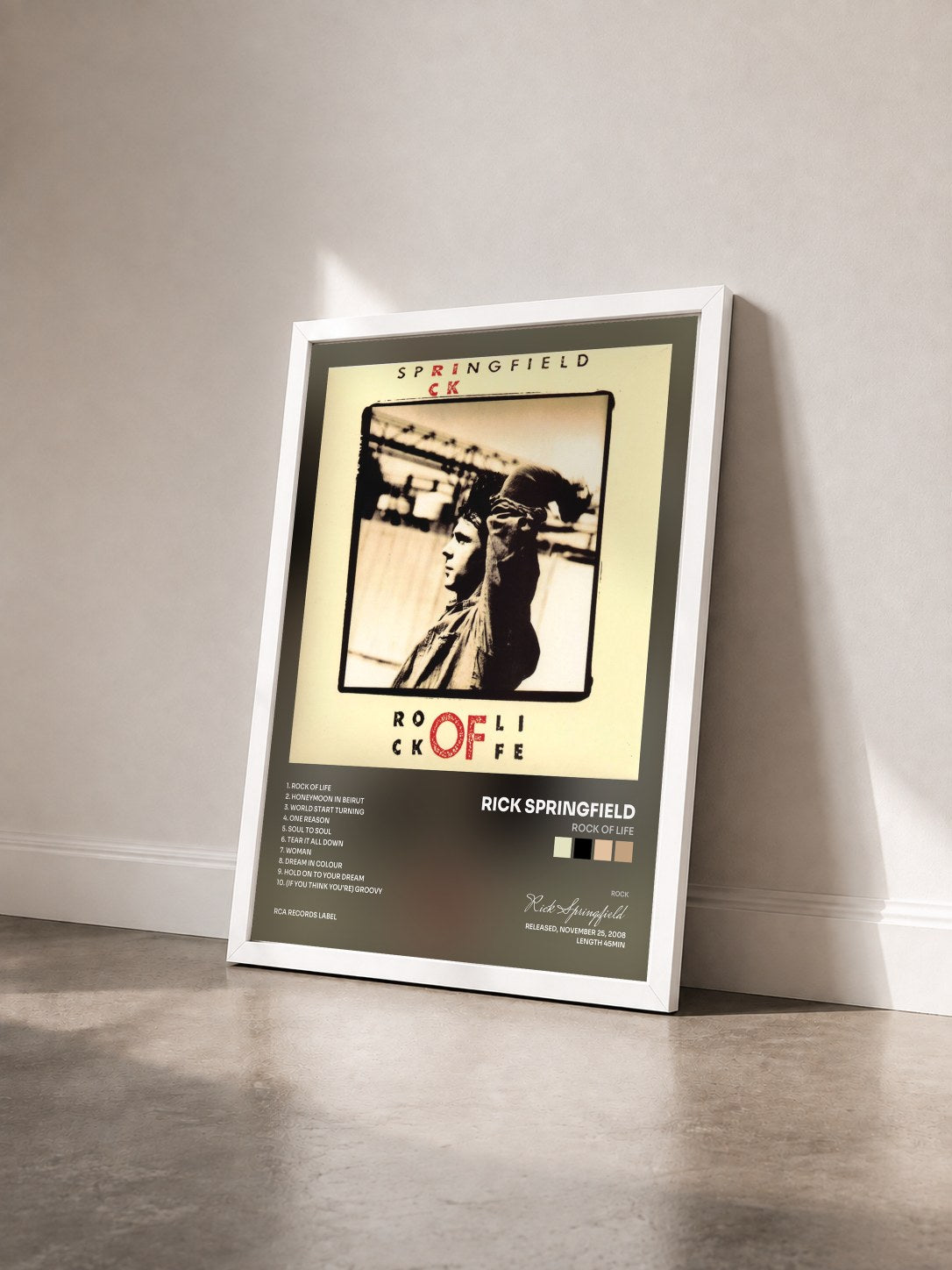 #blanc Tableau de l'album Rock of Life de Rick Springfield vu de trois quarts, cadre blanc