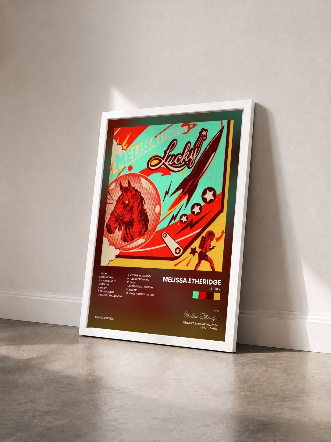 #blanc Tableau de l'album Lucky de Melissa Etheridge vu de trois quarts, cadre blanc