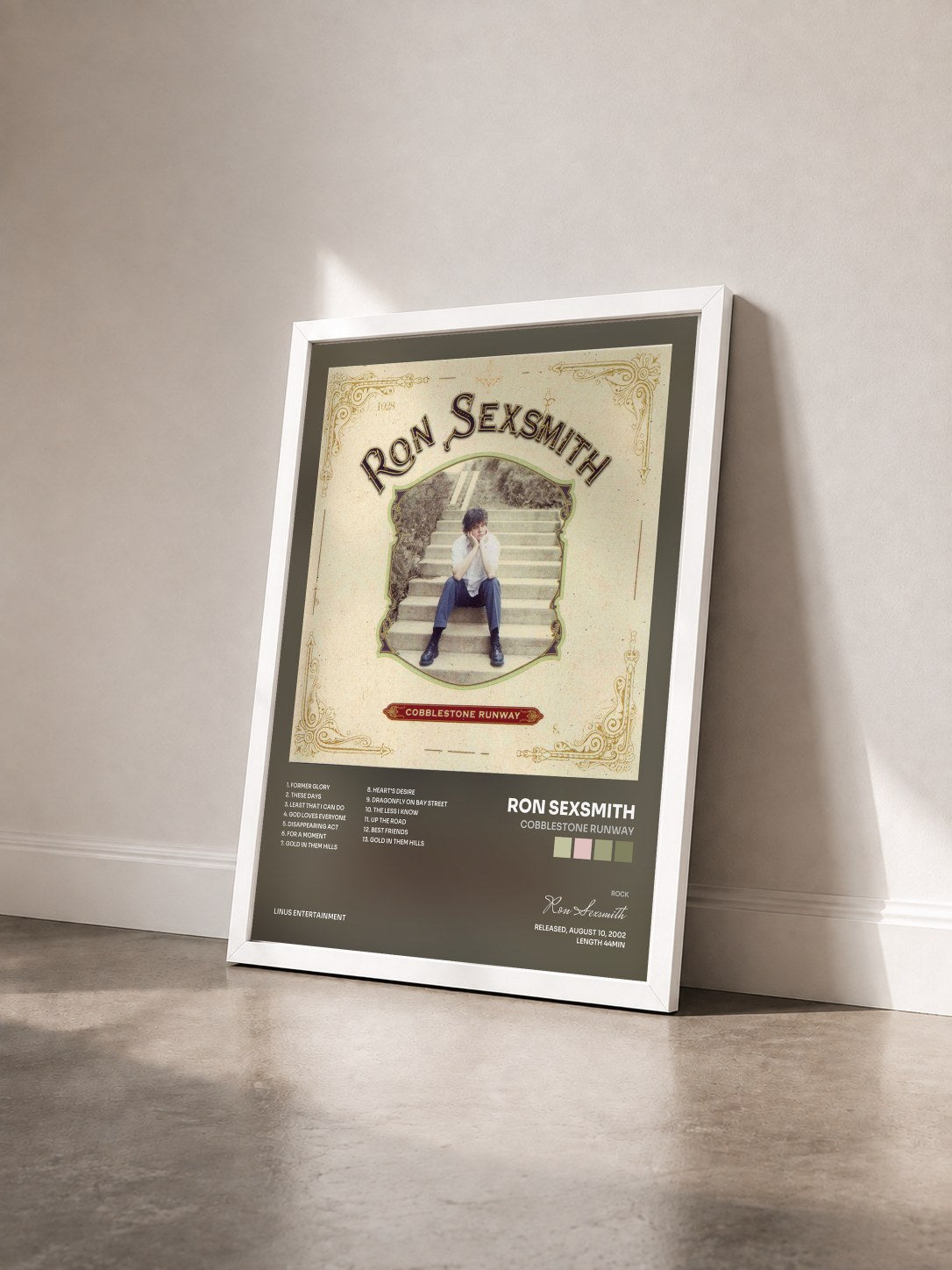 #blanc Tableau de l'album Cobblestone Runway de Ron Sexsmith vu de trois quarts, cadre blanc