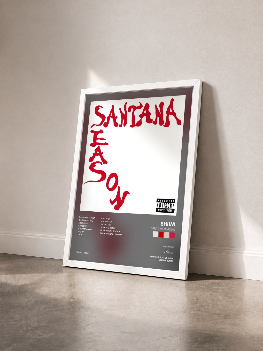 #blanc Tableau de l'album Santana Season de Shiva vu de trois quarts, cadre blanc