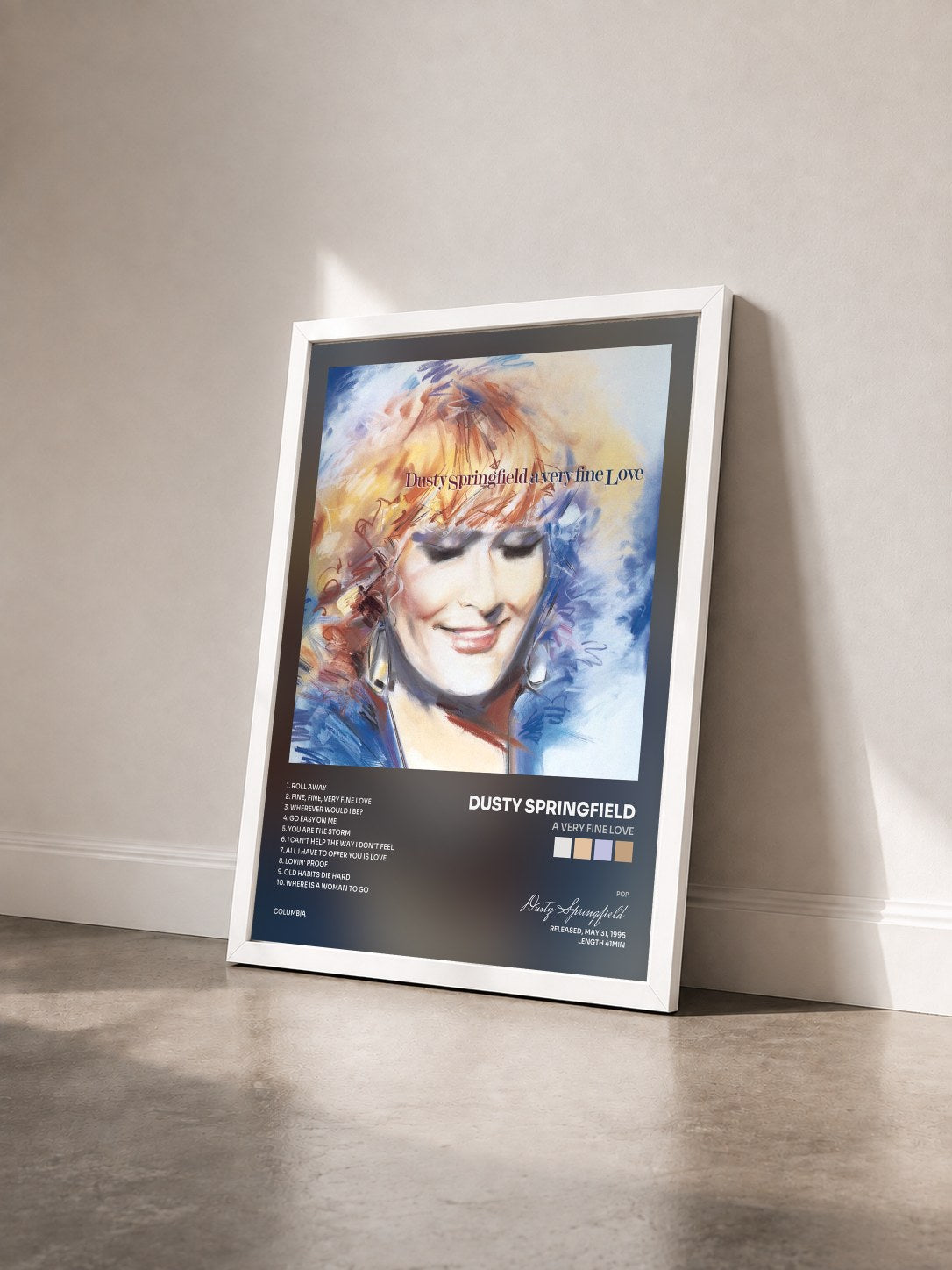 #blanc Tableau de l'album A Very Fine Love de Dusty Springfield vu de trois quarts, cadre blanc