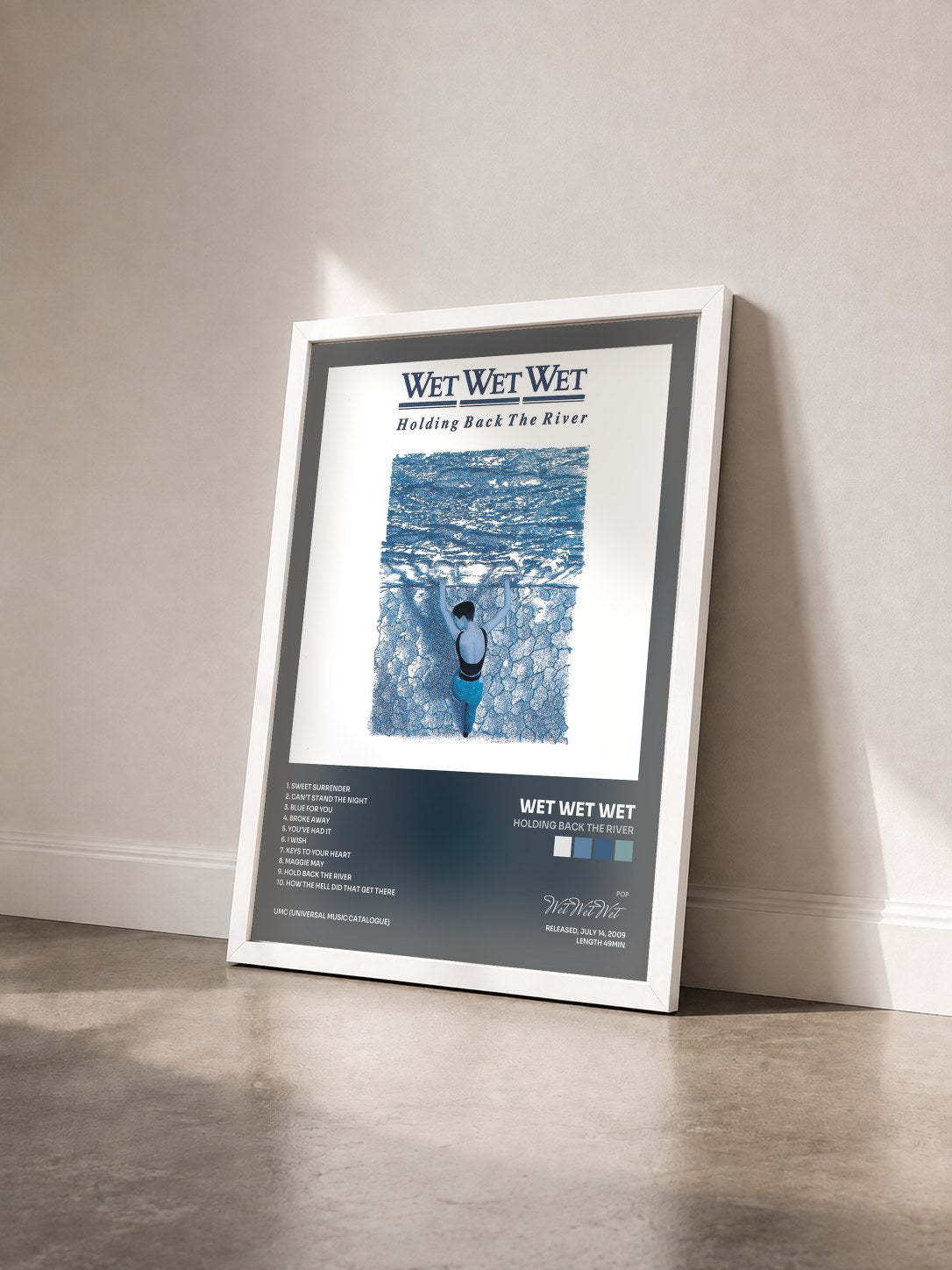 #blanc Tableau de l'album Holding Back The River de Wet Wet Wet vu de trois quarts, cadre blanc