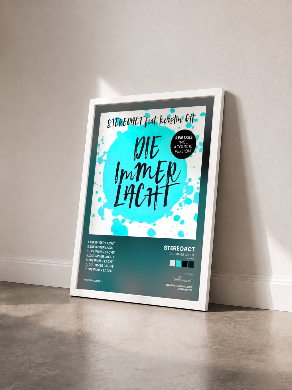 #blanc Die immer lacht (Remixes) by Stereoact as a framed art print seen at an angle, white frame