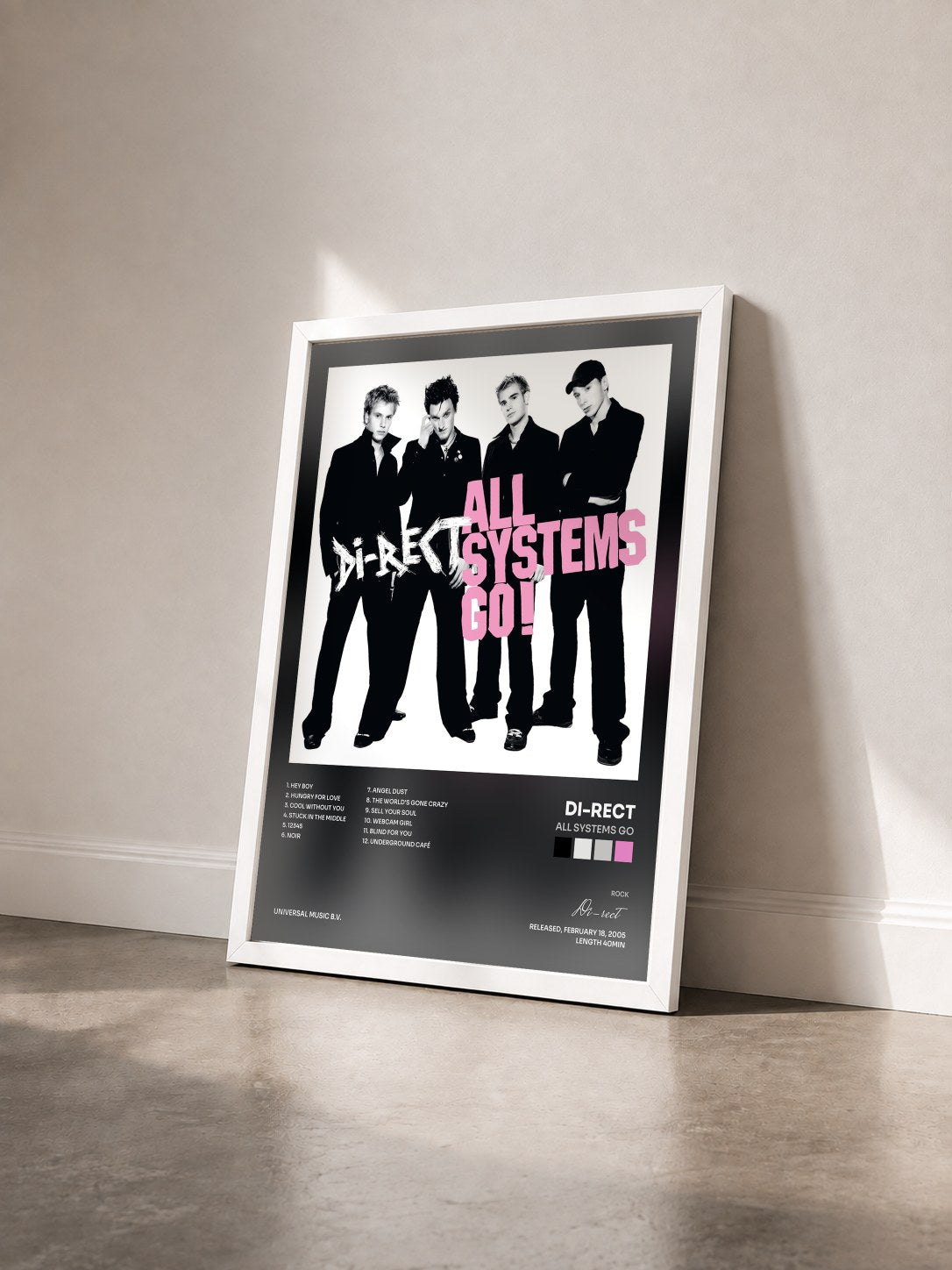 #blanc Tableau de l'album All Systems Go de Di-rect vu de trois quarts, cadre blanc