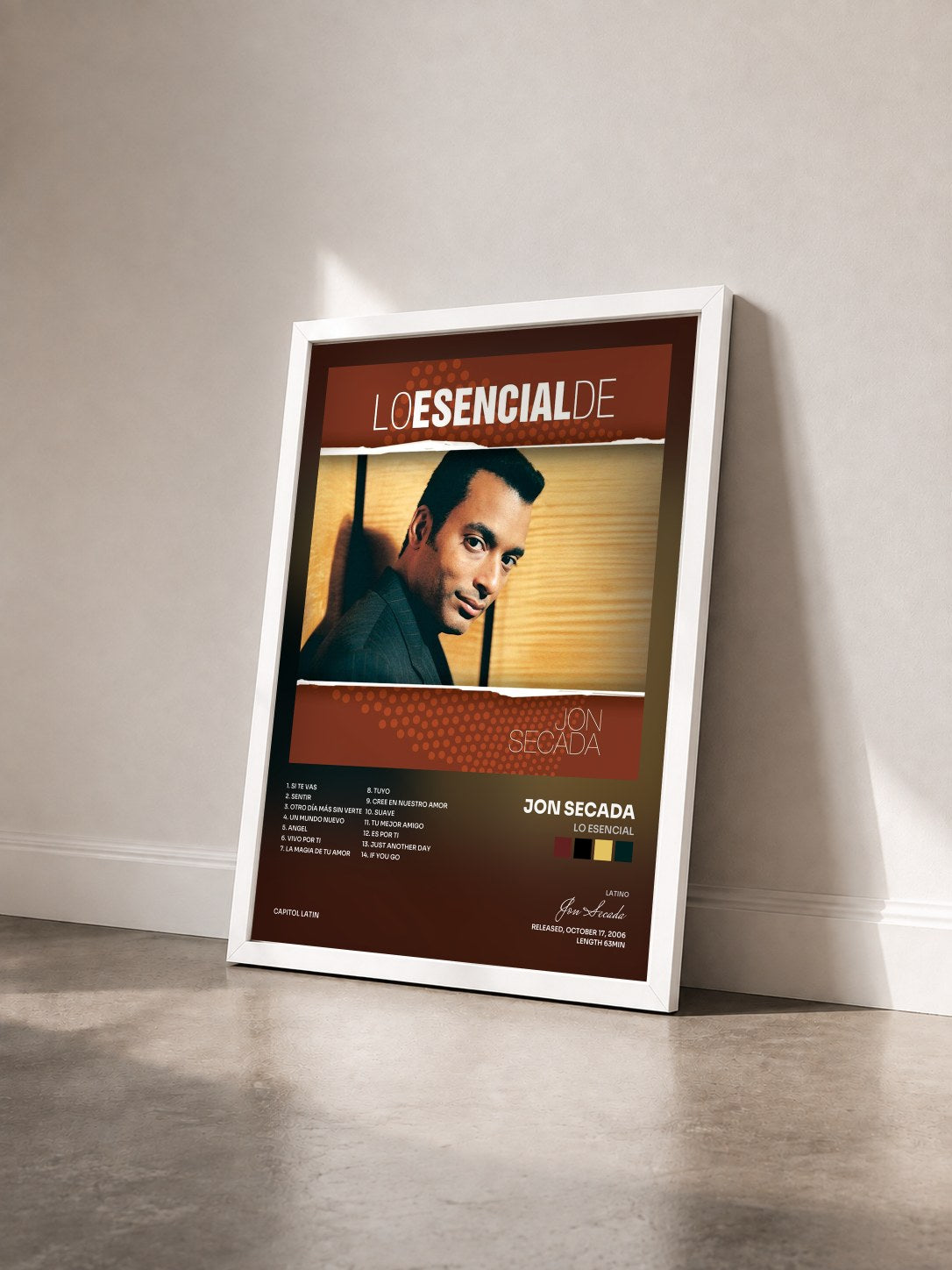 #blanc Tableau de l'album Lo Esencial de Jon Secada vu de trois quarts, cadre blanc