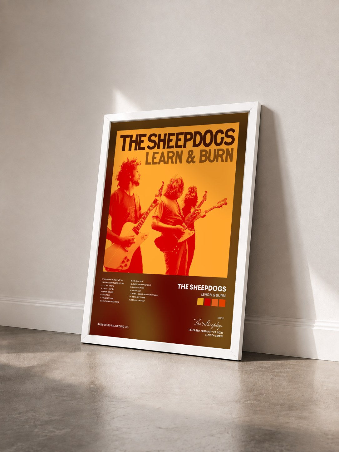 #blanc Tableau de l'album Learn & Burn de The Sheepdogs vu de trois quarts, cadre blanc