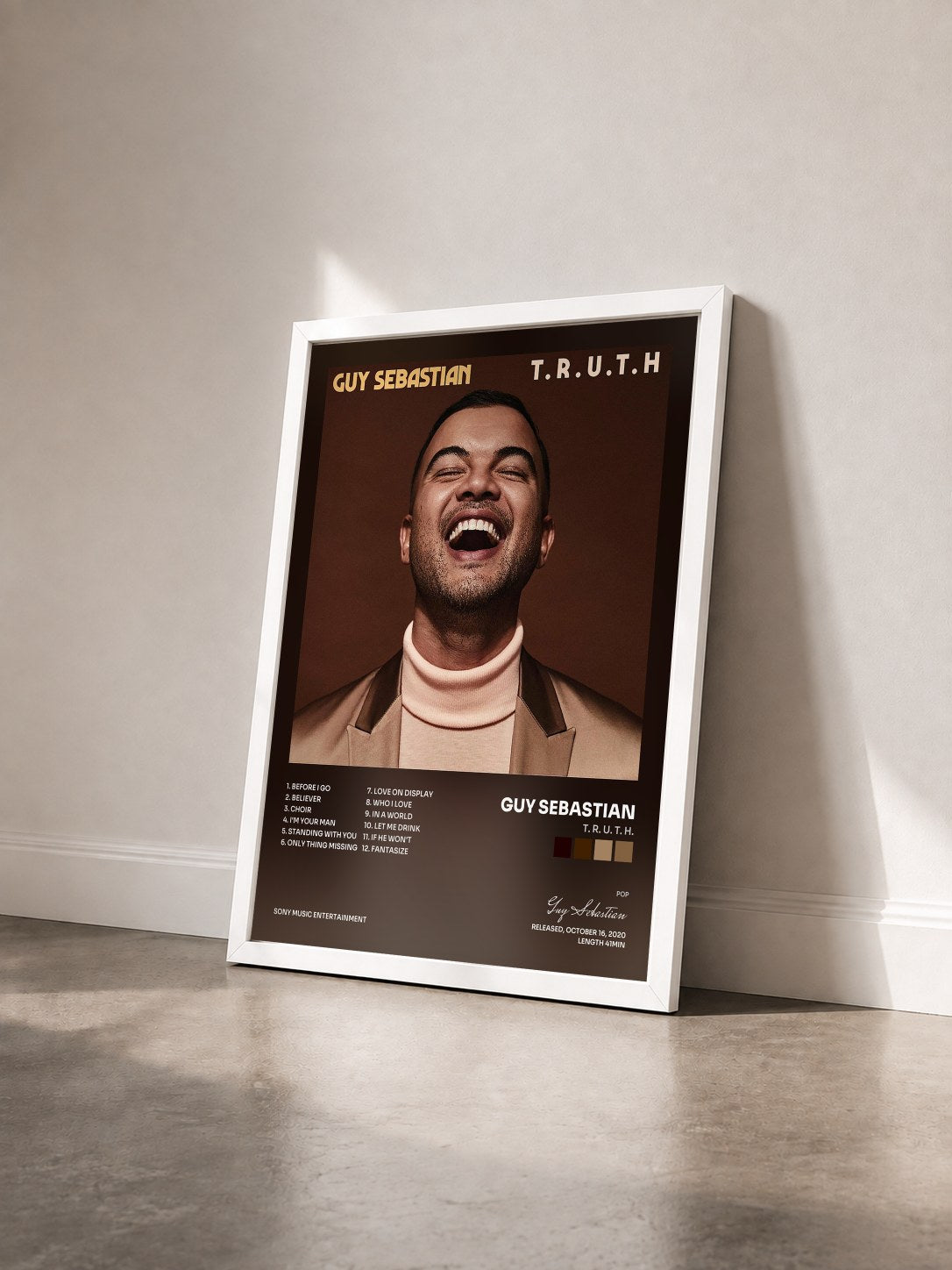 #blanc Tableau de l'album T. R. U. T. H. de Guy Sebastian vu de trois quarts, cadre blanc