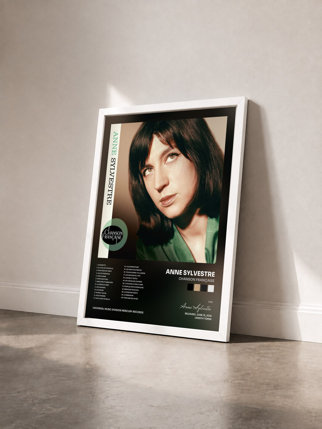 #blanc Tableau de l'album Chanson française de Anne Sylvestre vu de trois quarts, cadre blanc