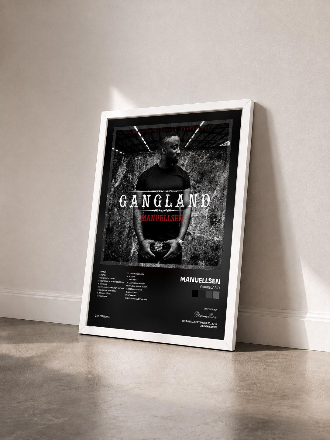 #blanc Tableau de l'album Gangland de Manuellsen vu de trois quarts, cadre blanc