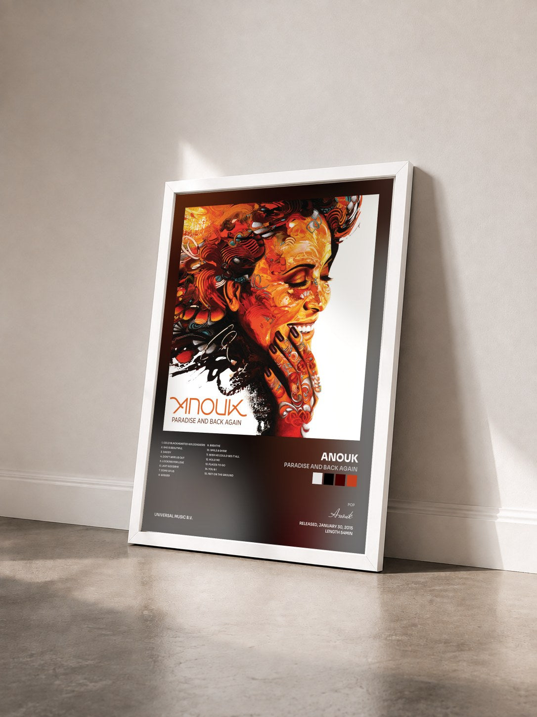 #blanc Tableau de l'album Paradise And Back Again de Anouk vu de trois quarts, cadre blanc