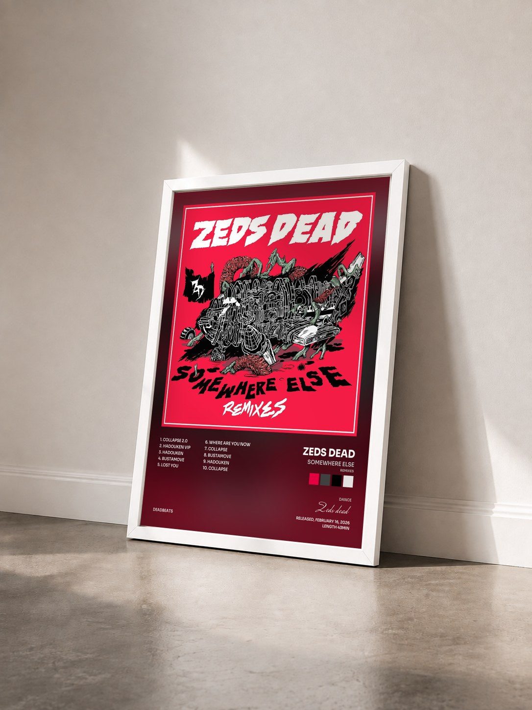 #blanc Tableau de l'album Somewhere Else (Remixes) de Zeds dead vu de trois quarts, cadre blanc
