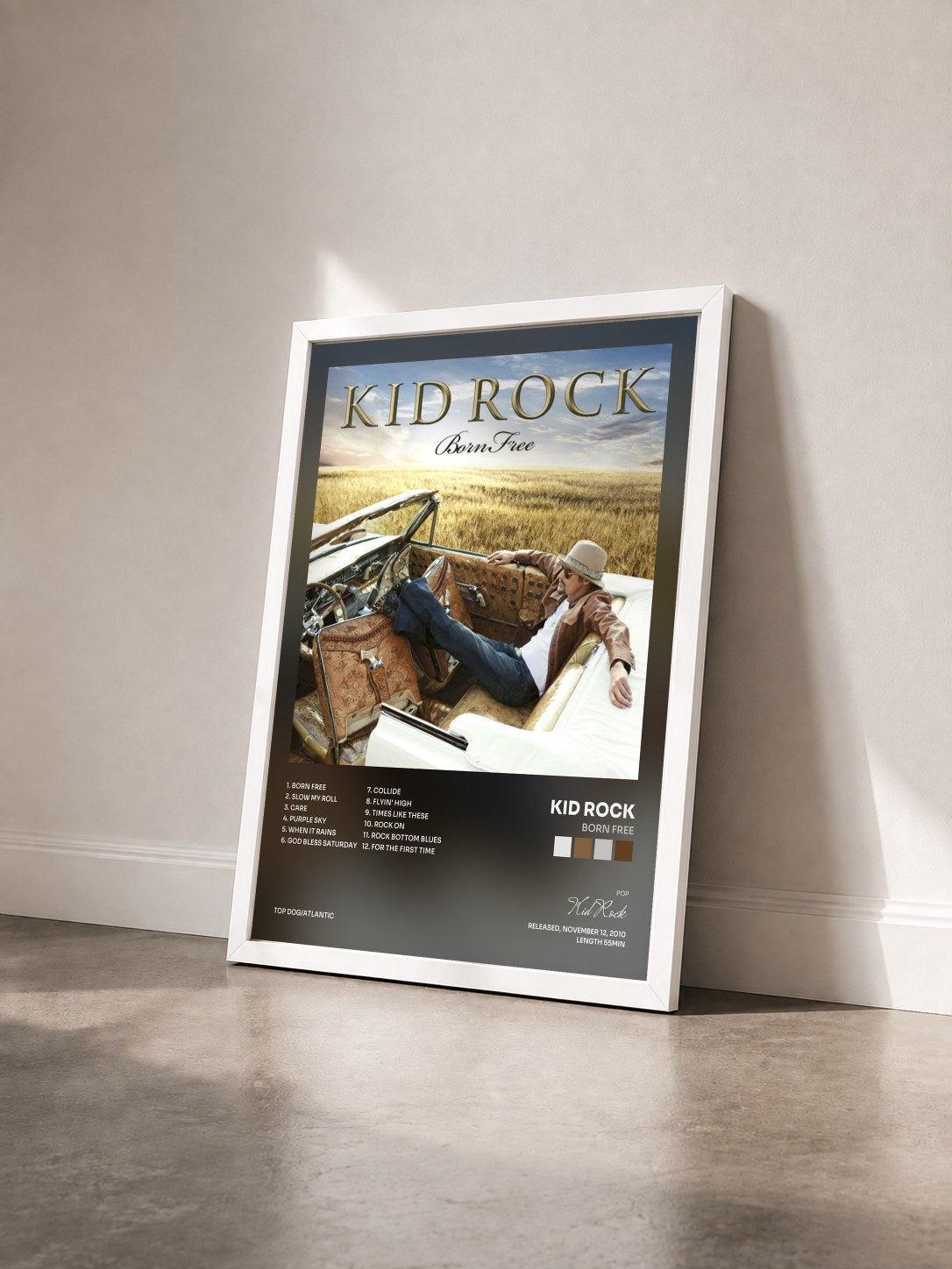 #blanc Tableau de l'album Born Free de Kid Rock vu de trois quarts, cadre blanc