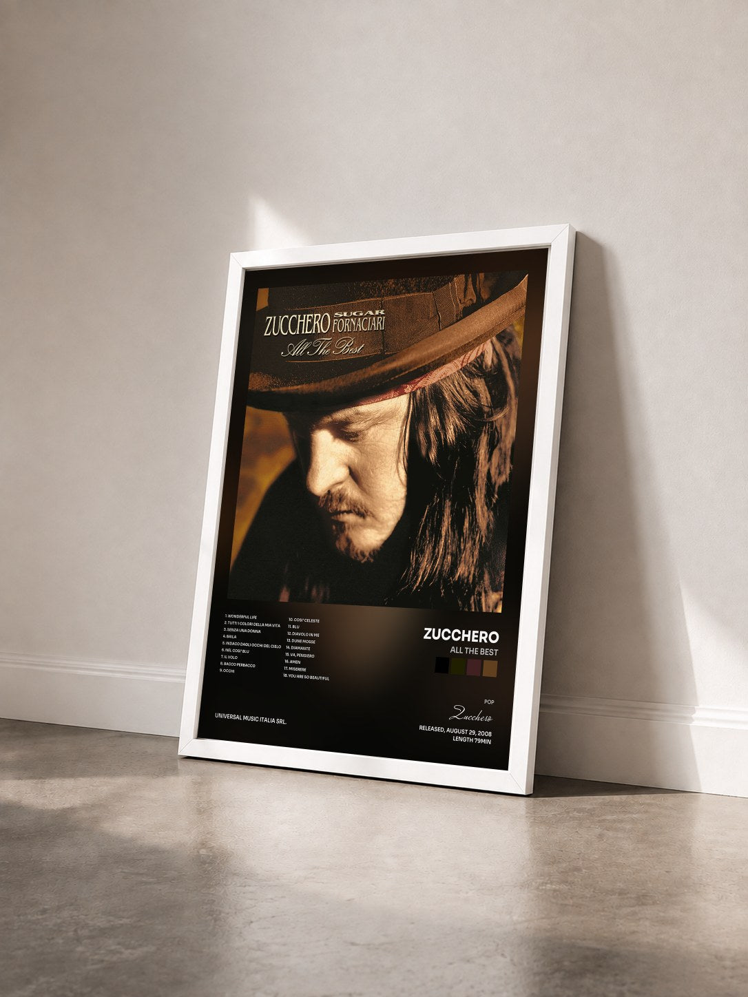 #blanc Tableau de l'album All The Best de Zucchero vu de trois quarts, cadre blanc