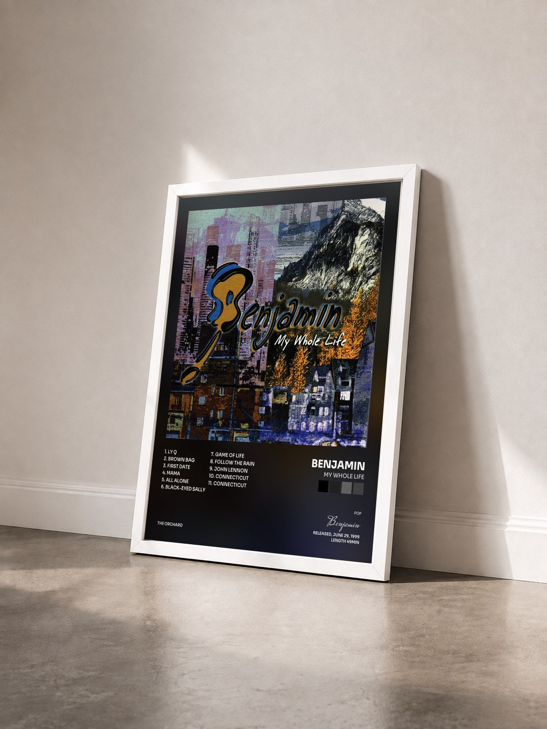 #blanc Tableau de l'album My Whole Life de Benjamin vu de trois quarts, cadre blanc