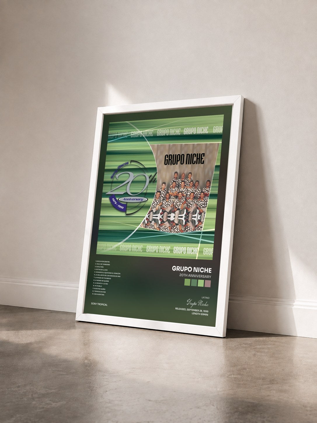#blanc Tableau de l'album 20th Anniversary de Grupo Niche vu de trois quarts, cadre blanc