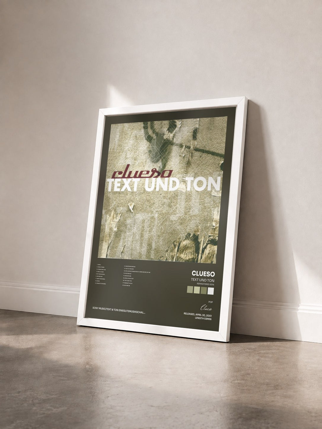 #blanc Tableau de l'album Text und Ton (Remastered 2014) de Clueso vu de trois quarts, cadre blanc