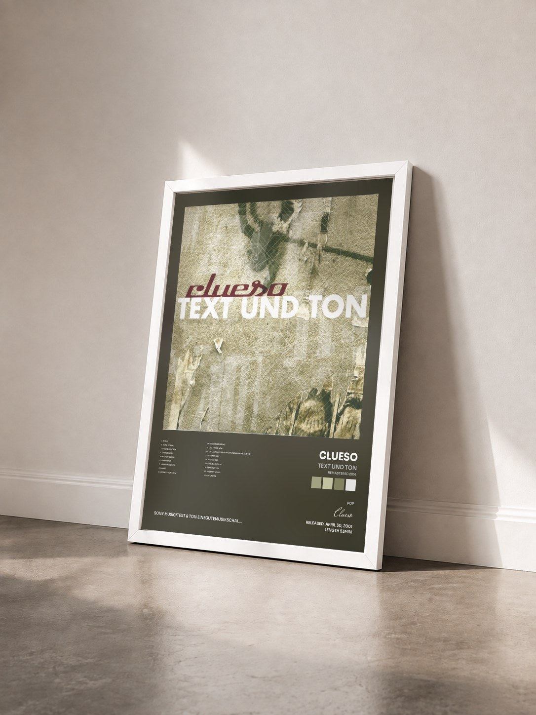 #blanc Tableau de l'album Text und Ton (Remastered 2014) de Clueso vu de trois quarts, cadre blanc