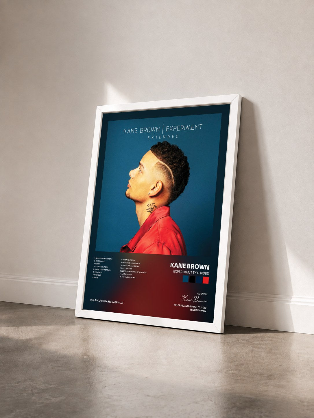 #blanc Tableau de l'album Experiment Extended de Kane Brown vu de trois quarts, cadre blanc
