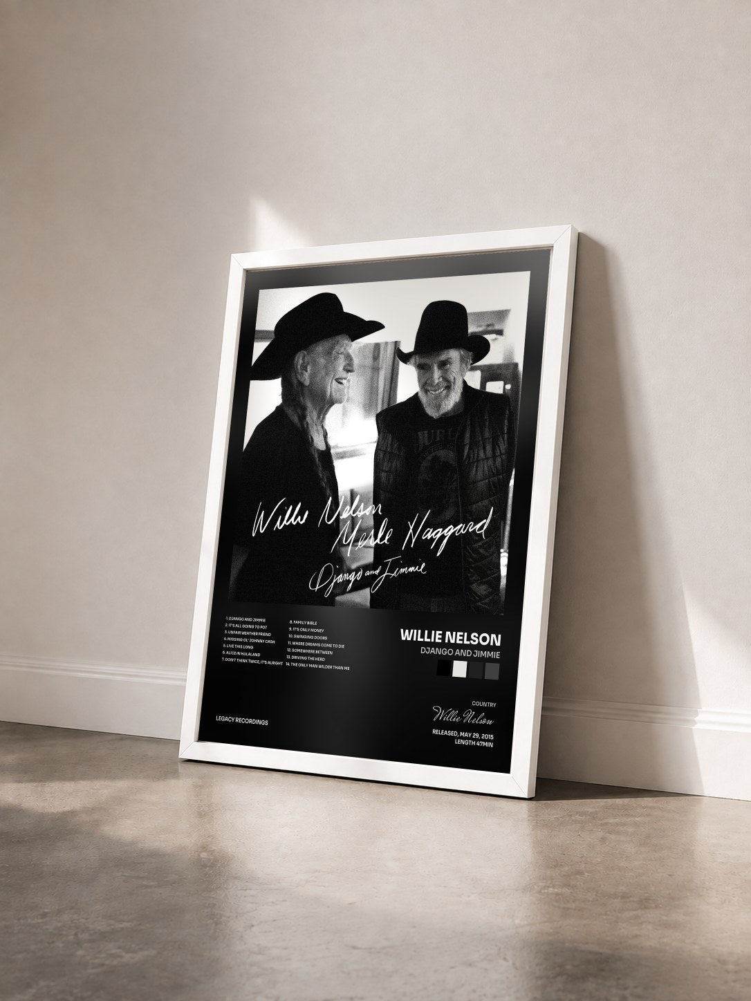 #blanc Tableau de l'album Django and Jimmie de Willie Nelson vu de trois quarts, cadre blanc