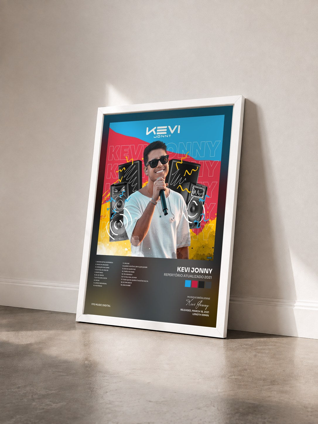 #blanc Tableau de l'album Repertório Atualizado 2021 de Kevi Jonny vu de trois quarts, cadre blanc