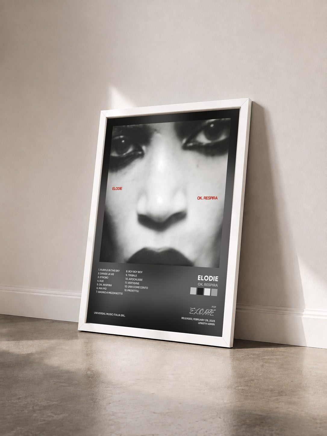 #blanc Tableau de l'album Ok. Respira de ELODIE vu de trois quarts, cadre blanc